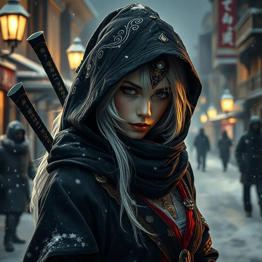 Mysterious beautiful white kunoichi ninja wearing black, red and gold in the streets of a dark snowy town in russia, Intricate Details, White Hair, Photo Realistic by Greg Rutkowski