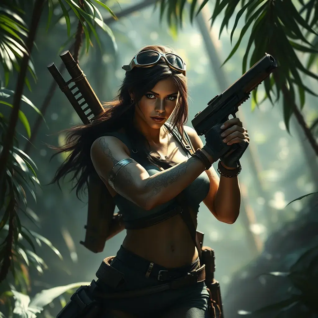 Full body portrait of a beautiful armed Lara Croft emerging from the jungle, Highly Detailed, Intricate, Sharp Focus, Volumetric Lighting, Fantasy, Elegant, Threatening by Greg Rutkowski