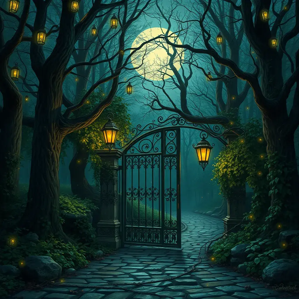 A beautiful digital illustration painting of a detailed gothic fantasy fireflies forest trees and iron gate cobblestone pathway vines full moon, 8k, Artstation, Digital Illustration, Concept Art by Justin Gerard, James Gurney