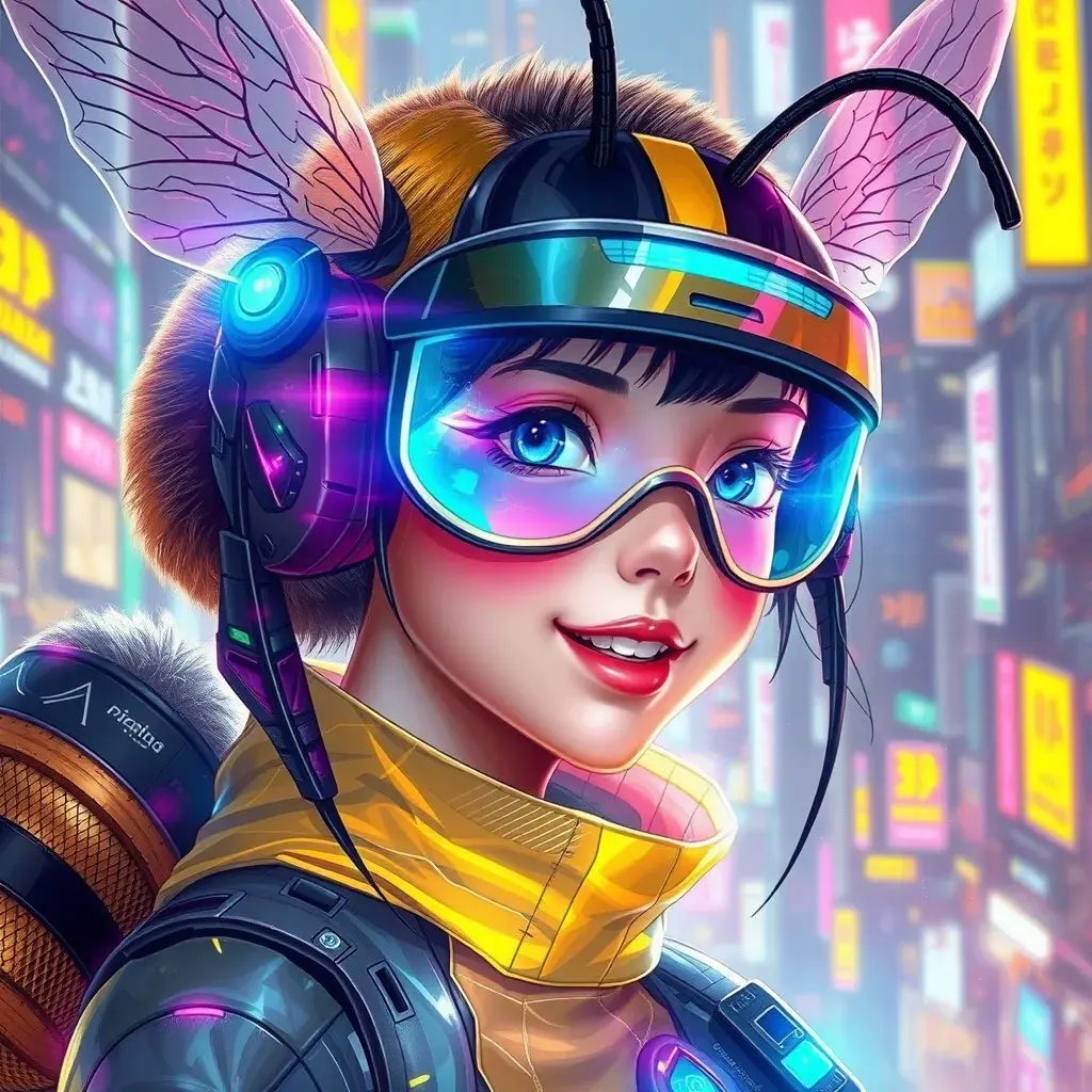 A Cyberpunk half bee and half Human girl with vizor, Cybernatic and Sci-Fi, Cityscape, Bloom light effect, Colorful, Ecstatic, Exciting, Joyful by Stanley Artgerm Lau