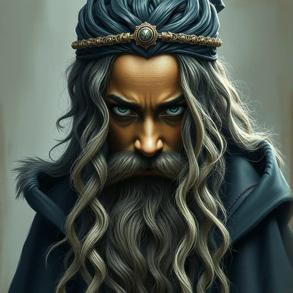 Rihanna as a wizard with a very long beard like Dumbledore, Intricate Artwork, Intricate Details, Half Body, Beautiful, Matte Painting, Sharp Focus, Portrait, Fantasy, Threatening by Stefan Kostic