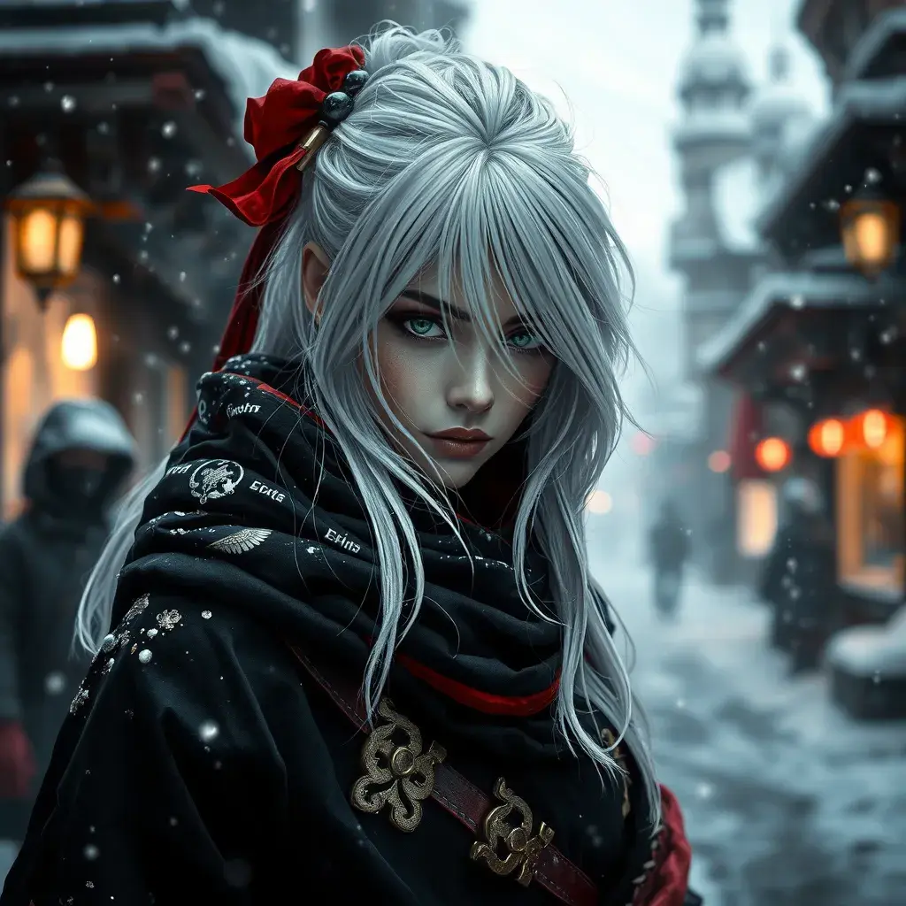 Mysterious beautiful white kunoichi ninja wearing black, red and gold in the streets of a dark snowy town in russia, Intricate Details, White Hair, Photo Realistic by Greg Rutkowski