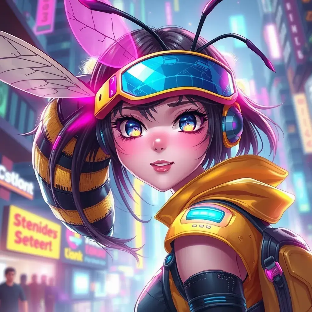 A Cyberpunk half bee and half Human girl with vizor, Cybernatic and Sci-Fi, Cityscape, Bloom light effect, Colorful, Ecstatic, Exciting, Joyful by Stanley Artgerm Lau