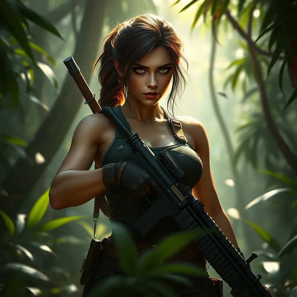 Full body portrait of a beautiful armed Lara Croft in the jungle, Highly Detailed, Intricate, Sharp Focus, Volumetric Lighting, Fantasy, Elegant, Threatening by Stanley Artgerm Lau
