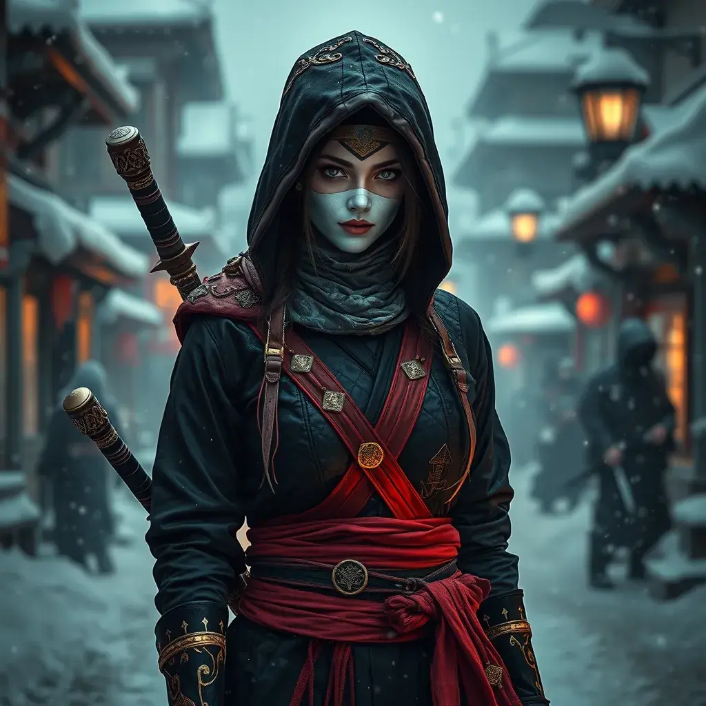 Mysterious beautiful white kunoichi ninja wearing black, red and gold in the streets of a dark snowy town in russia, Intricate Details, Photo Realistic