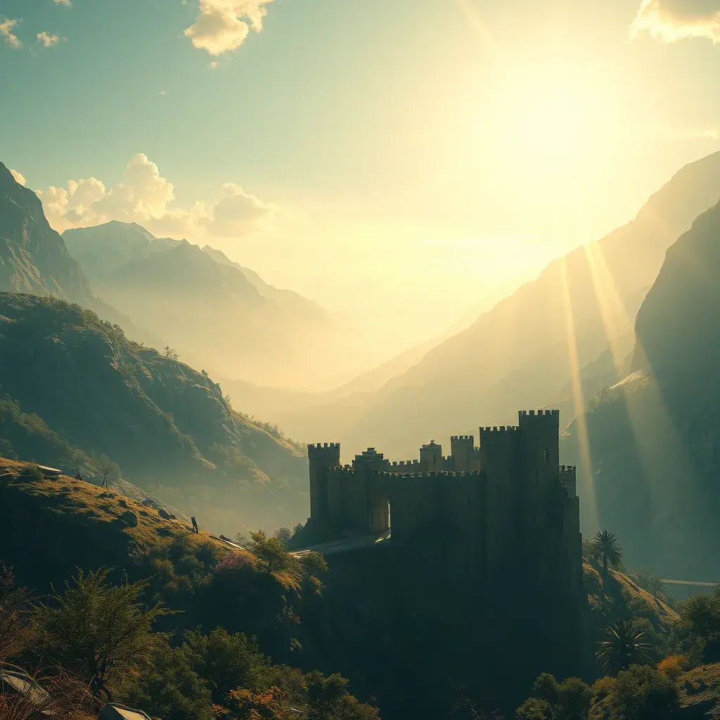 A beautiful medieval castle ruins in the mountains, forgotten valley, wide shot, horizon, sunrays, 4k resolution, Atmospheric, Hyper Detailed, Trending on Artstation, Sunny Day, Golden Hour, Volumetric Lighting, Concept Art, Digital Art, Fantasy by Shinji Aramaki, Posuka Demizu