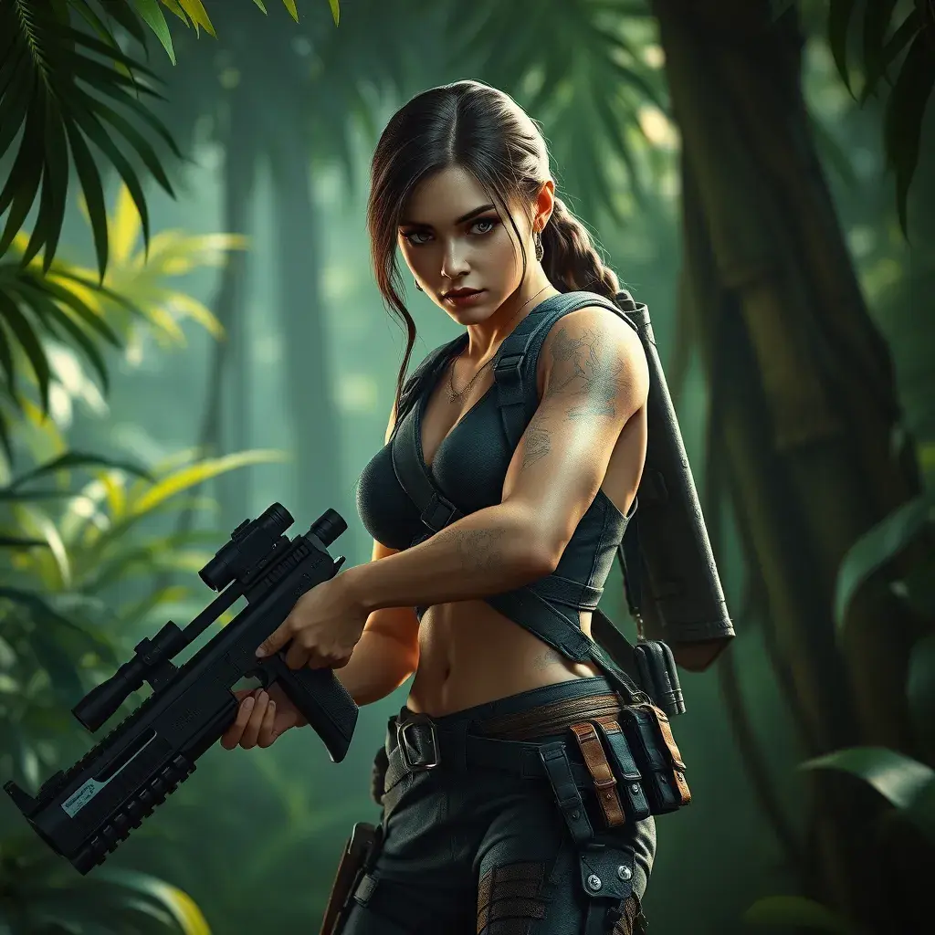 Full body portrait of a beautiful armed Lara Croft in the jungle, Highly Detailed, Intricate, Sharp Focus, Volumetric Lighting, Fantasy, Elegant, Threatening by Stanley Artgerm Lau