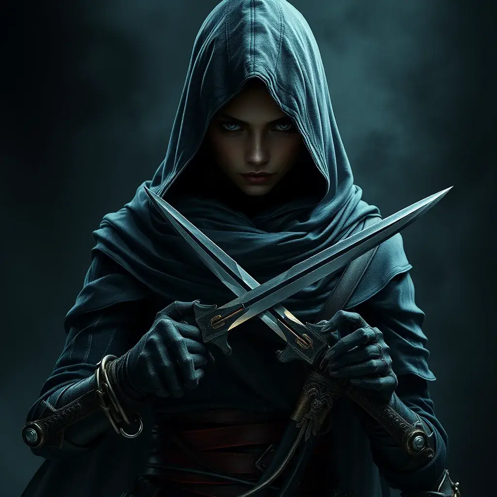 Full body portrait of a Veiled female Assassin with daggers, Highly Detailed, Dark Souls, Volumetric Lighting, Fantasy, Threatening