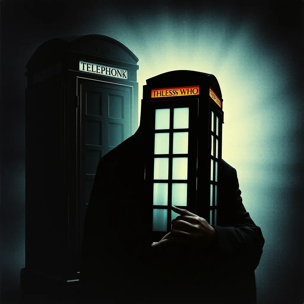 Movie poster featuring montage of a dark phonebox, a shadowy figure whose face cannot be seen, playing the game guess who, Poster