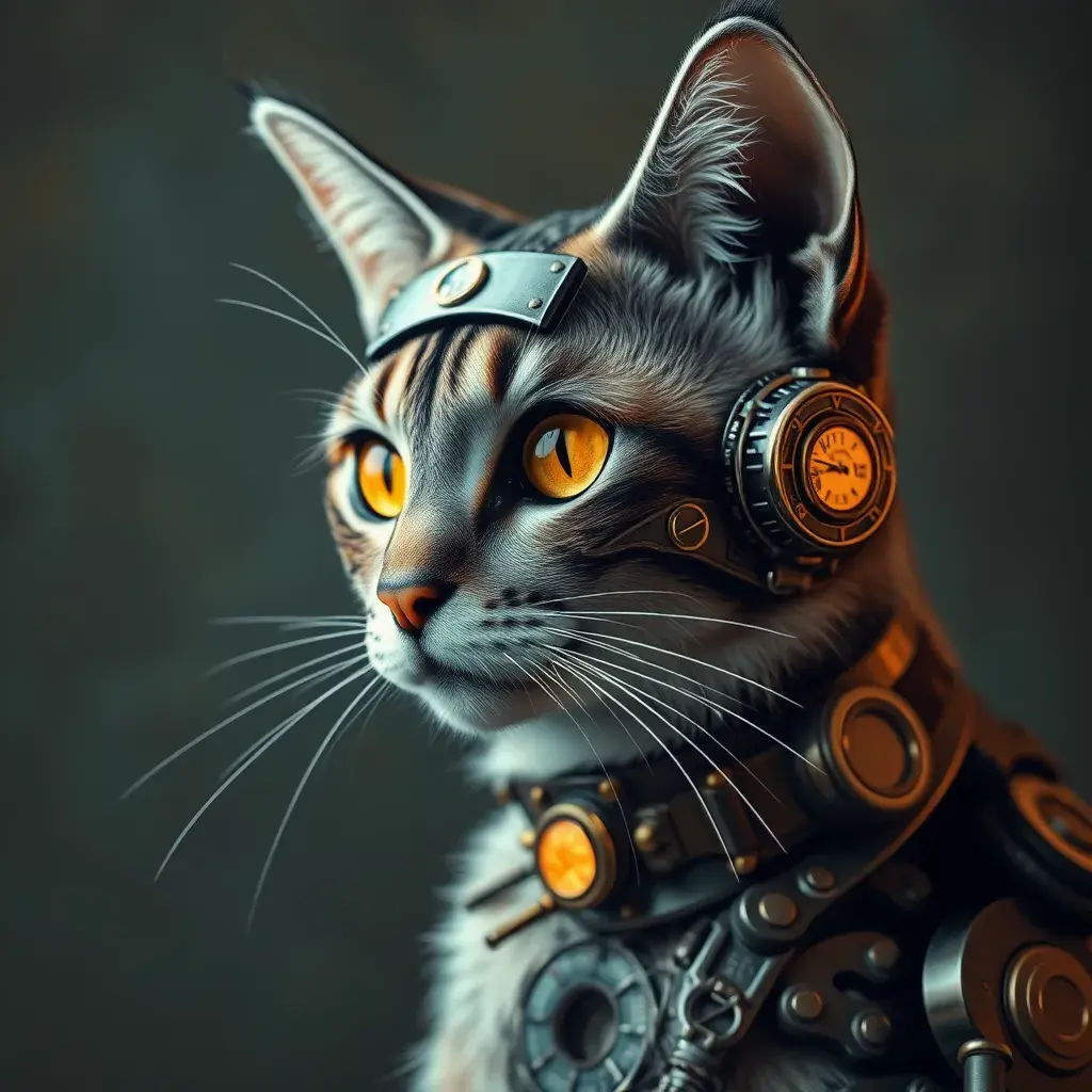 Steampunk portrait of a cat, inspired by future technology, Highly Detailed, Steampunk