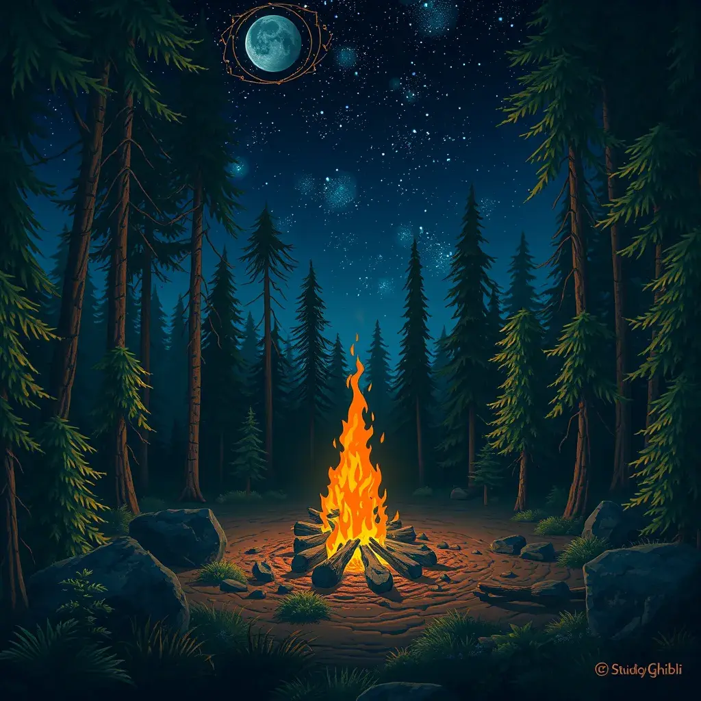 matte painting of a camp fire in the forest at night, Highly Detailed, Beautiful, Digital Painting, Anime, Fantasy by Studio Ghibli
