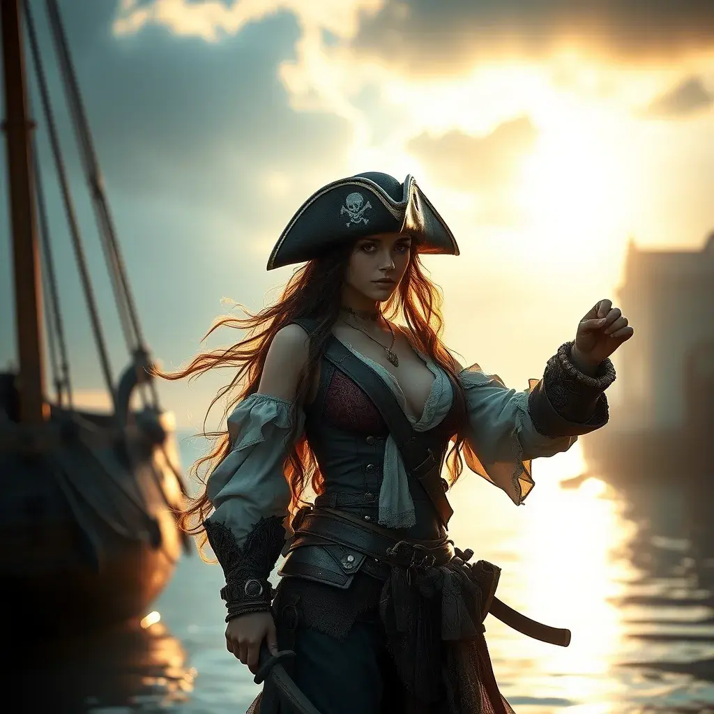 A beautiful female Pirate, Intricate, Half Body, Realistic, Volumetric Lighting, Fantasy, Elegant by Stefan Kostic