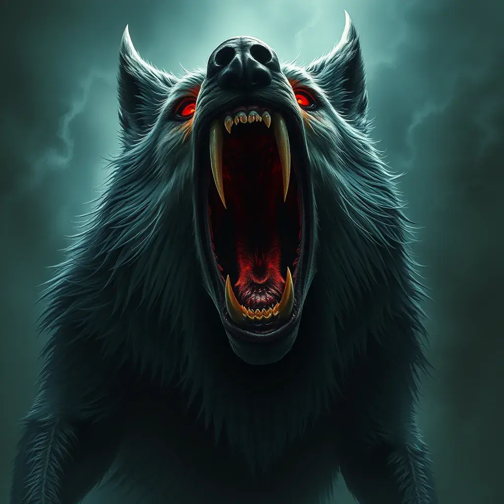 large evil wolf howling, red eyes, big teeth, Eldritch, Fantasy, Apocalyptic, Doom, Dreadful, Forbidding, Frightful, Harrowing, Ominous, Shocking, Terrifying, Threatening, Unnerving