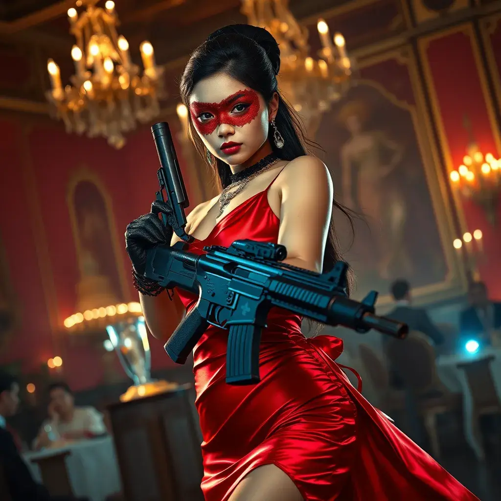 A dangerously armed asian feme fatale in silk red dress at a masquerade ball, Cybernatic and Sci-Fi, Cyberpunk, Sci-Fi
