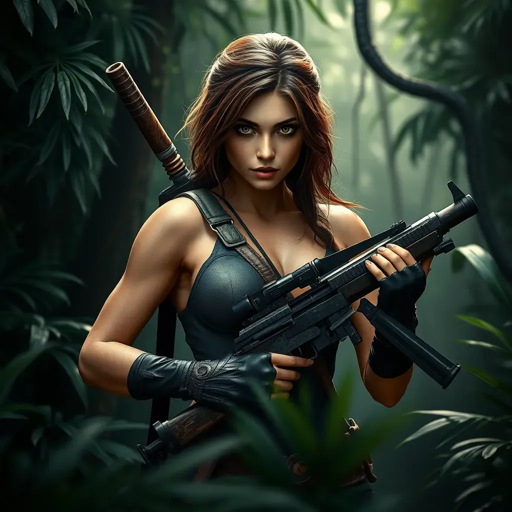 Full body portrait of a beautiful armed Lara Croft in the jungle, Highly Detailed, Intricate, Sharp Focus, Volumetric Lighting, Fantasy, Elegant, Threatening by Stefan Kostic