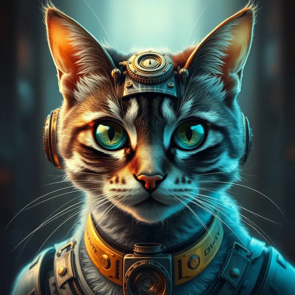 Steampunk portrait of a cat, inspired by future technology, Highly Detailed, Steampunk by Stanley Artgerm Lau