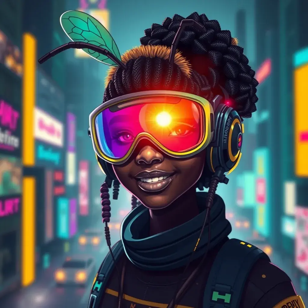 A Cyberpunk half bee and half Human girl with vizor, Afrofuturism, Cybernatic and Sci-Fi, Cityscape, Bloom light effect, Colorful, Ecstatic, Exciting, Joyful