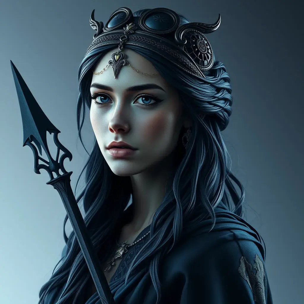 Matte portrait of the beautiful Artemis in dark blue, Highly Detailed, Intricate, Realistic, Sharp Focus, Volumetric Lighting, Fantasy, Elegant by WLOP