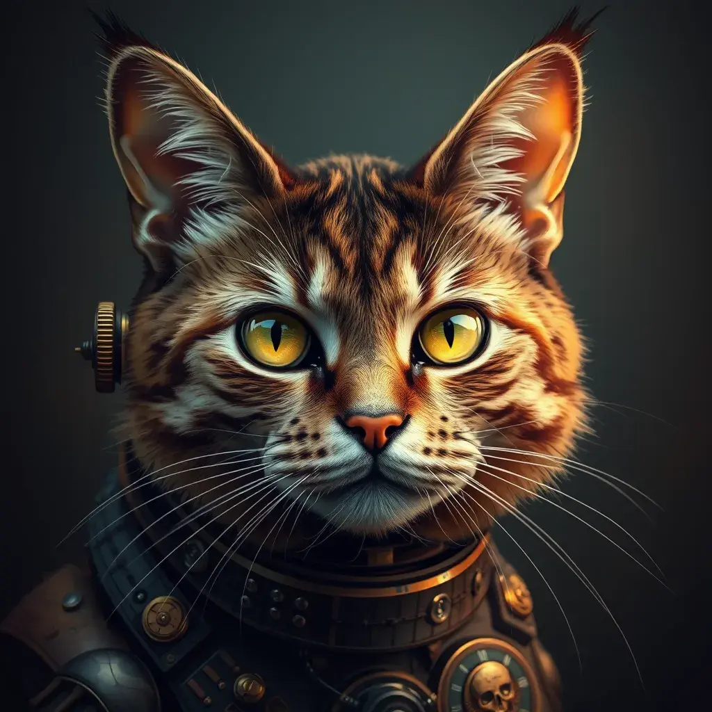 Steampunk portrait of a cat, inspired by future technology, Highly Detailed, Steampunk by Stanley Artgerm Lau