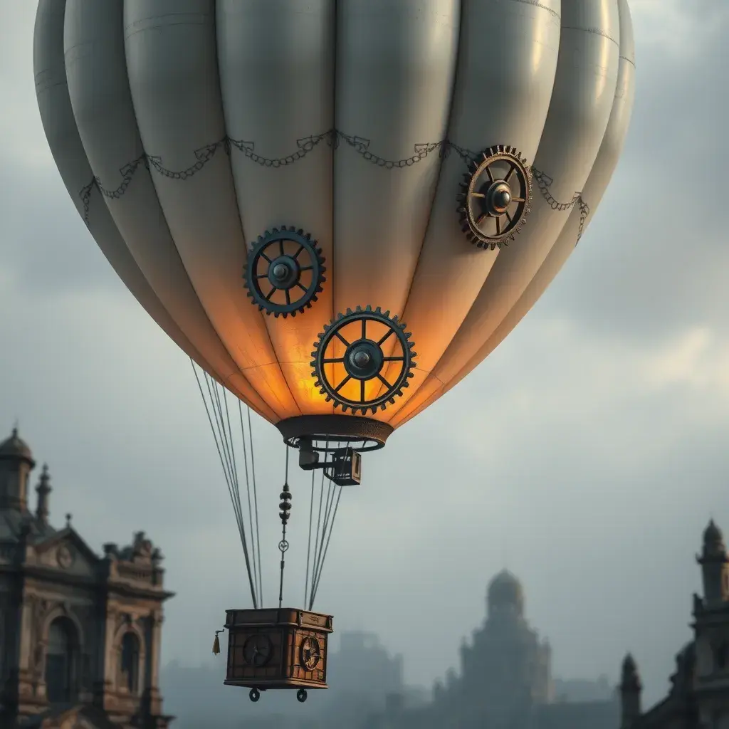 White steampunk hot air balloon with gears, Victorian style Ancient buildings, archeological ruins of lost civilizations and technology, Steampunk, Iridescence