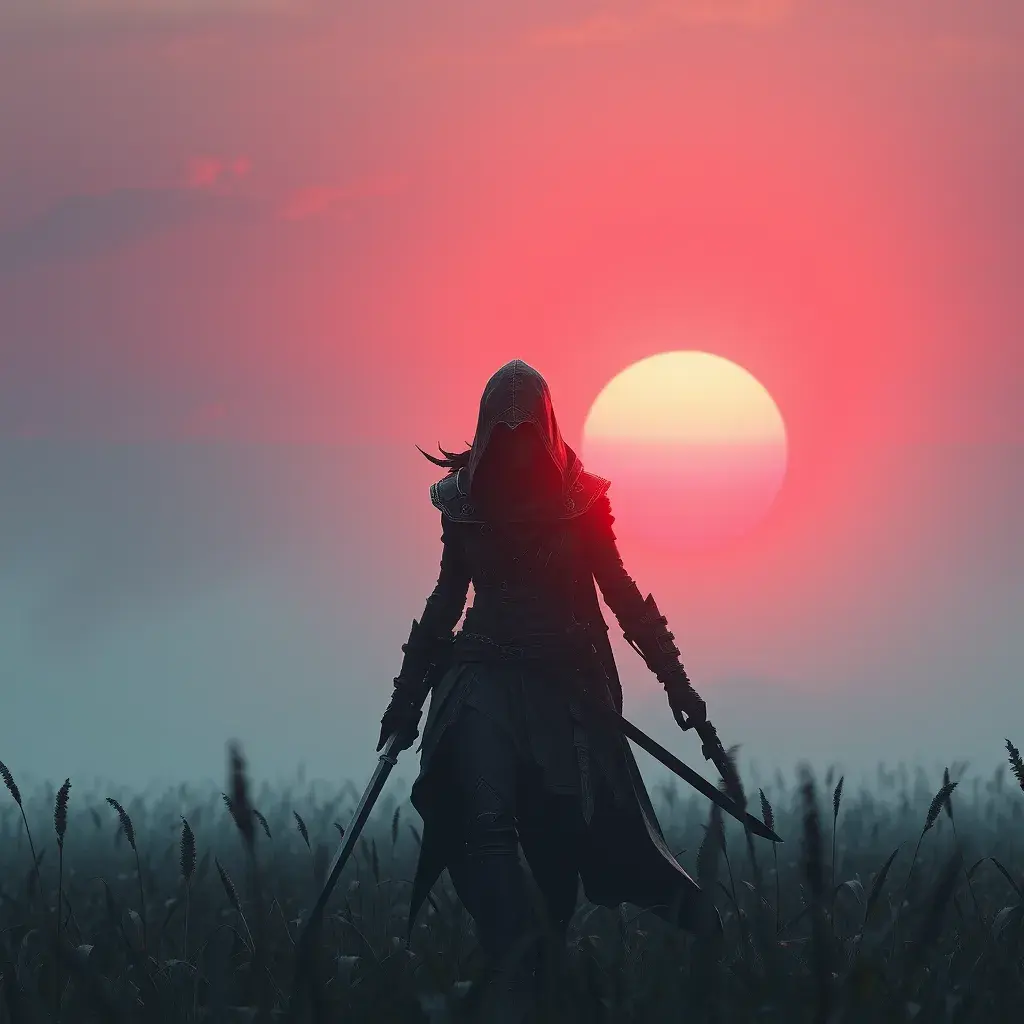 Female assassin creed emerging from a batte field. Sky is colored by a red sun set., Dystopian, Trending on Artstation, Volumetric Lighting