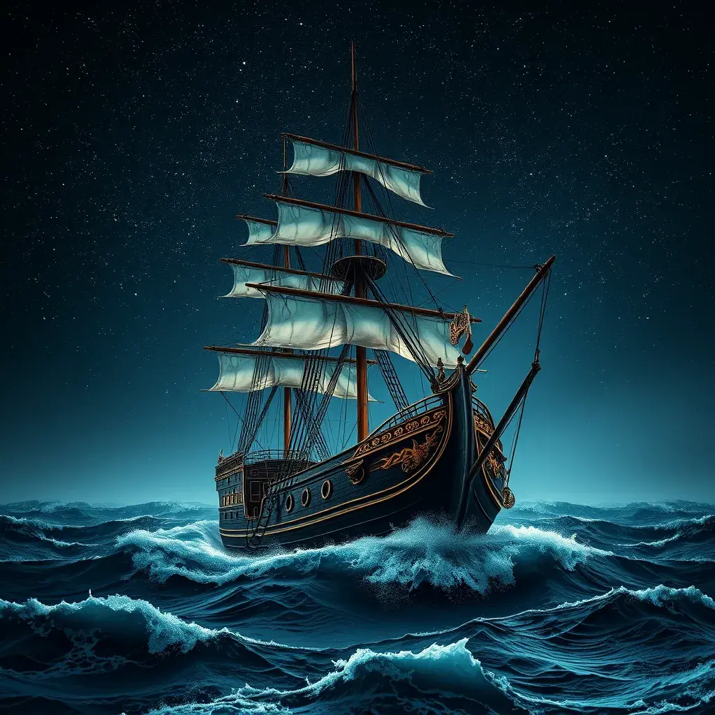 Close up of a Pirate Ship in rough seas on a dark starry night, Intricate, Ultra Detailed, Symmetry, Beautiful, Sharp Focus, Astrophotography, Centered, Volumetric Lighting by Stanley Artgerm Lau