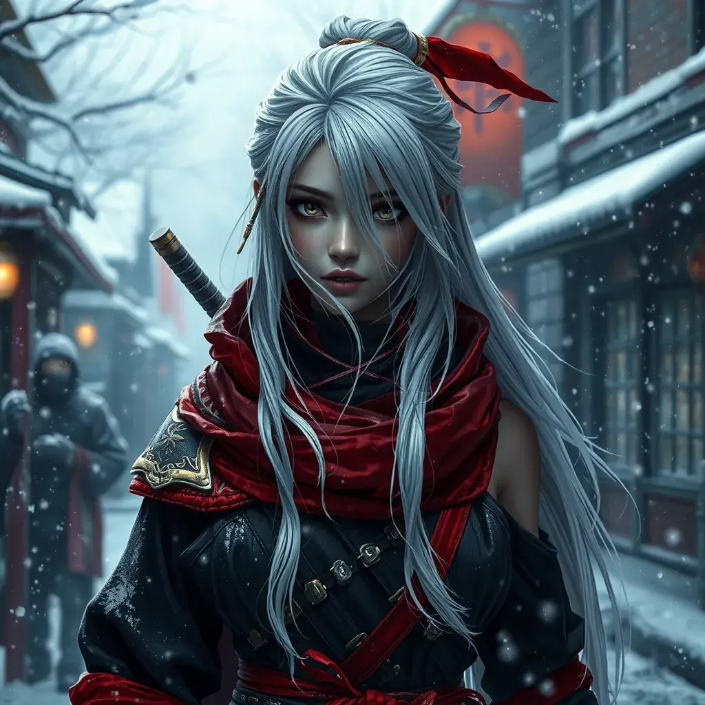 Mysterious beautiful white kunoichi ninja wearing black, red and gold in the streets of a dark snowy town in russia, 8k, Intricate Details, Trending on Artstation, White Hair by Greg Rutkowski