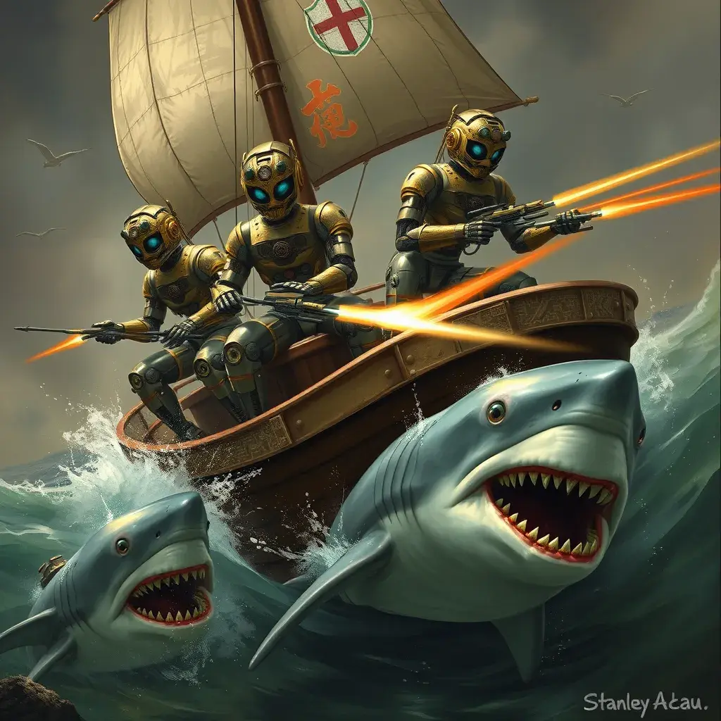 Six robots on a boat with harpoons, battling sharks with lasers strapped to their heads, Highly Detailed, Steampunk by Stanley Artgerm Lau