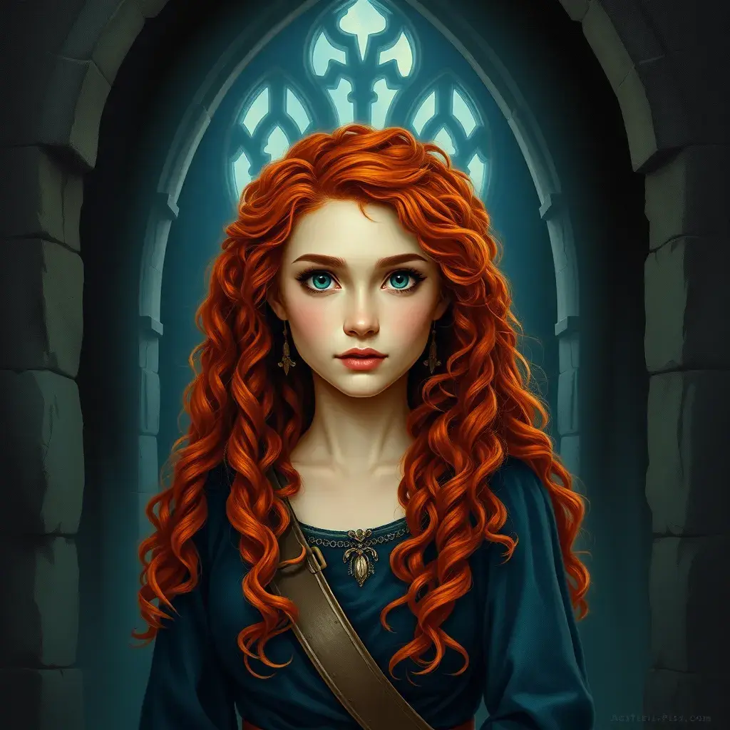 Matte portrait of Disney's Merida of DunBroch inside a castle, Ultra Detailed, Half Body, Beautiful, Matte Painting, Sharp Focus, Portrait, Fantasy