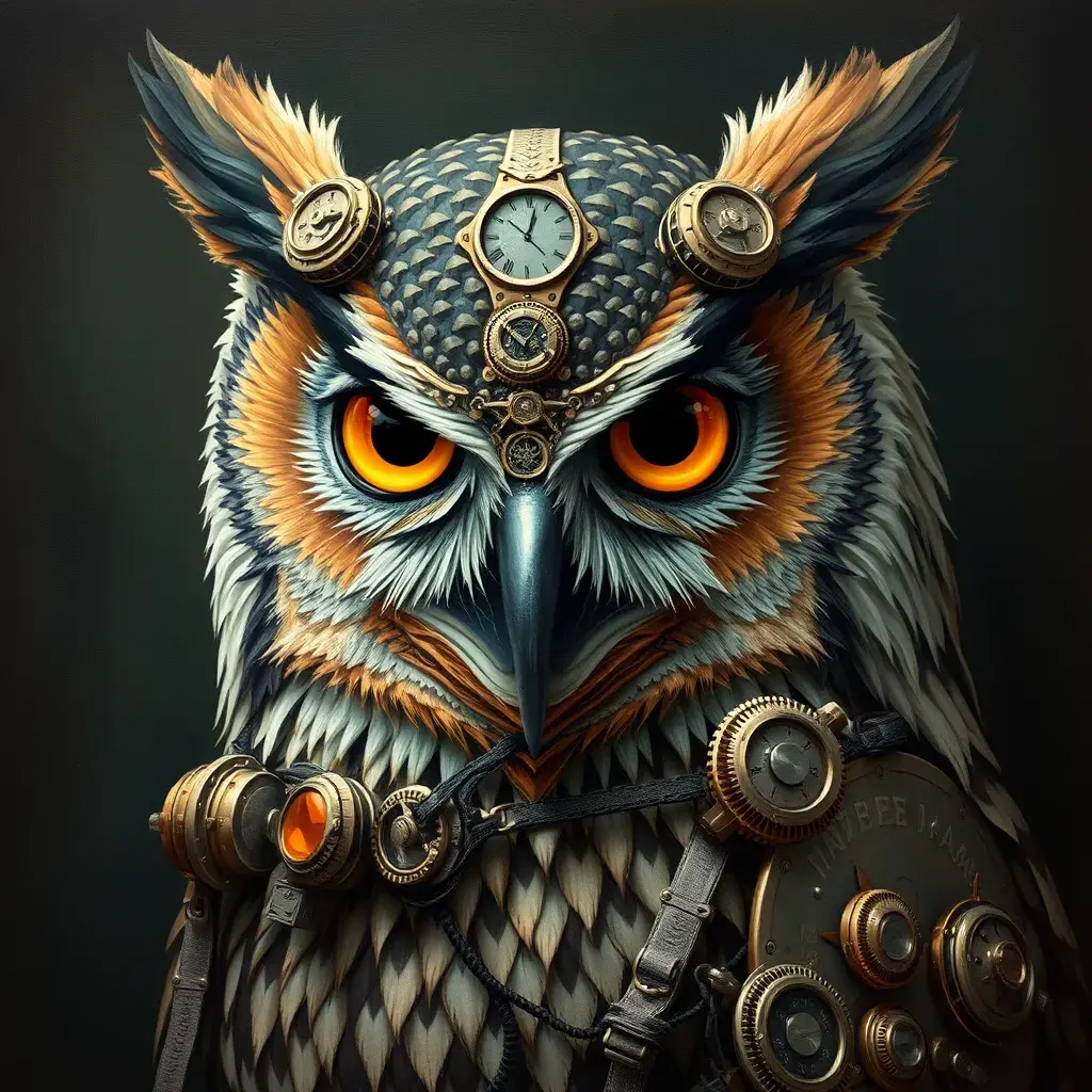 Steampunk portrait of a Owl, inspired by future technology, Highly Detailed, Steampunk by Stanley Artgerm Lau