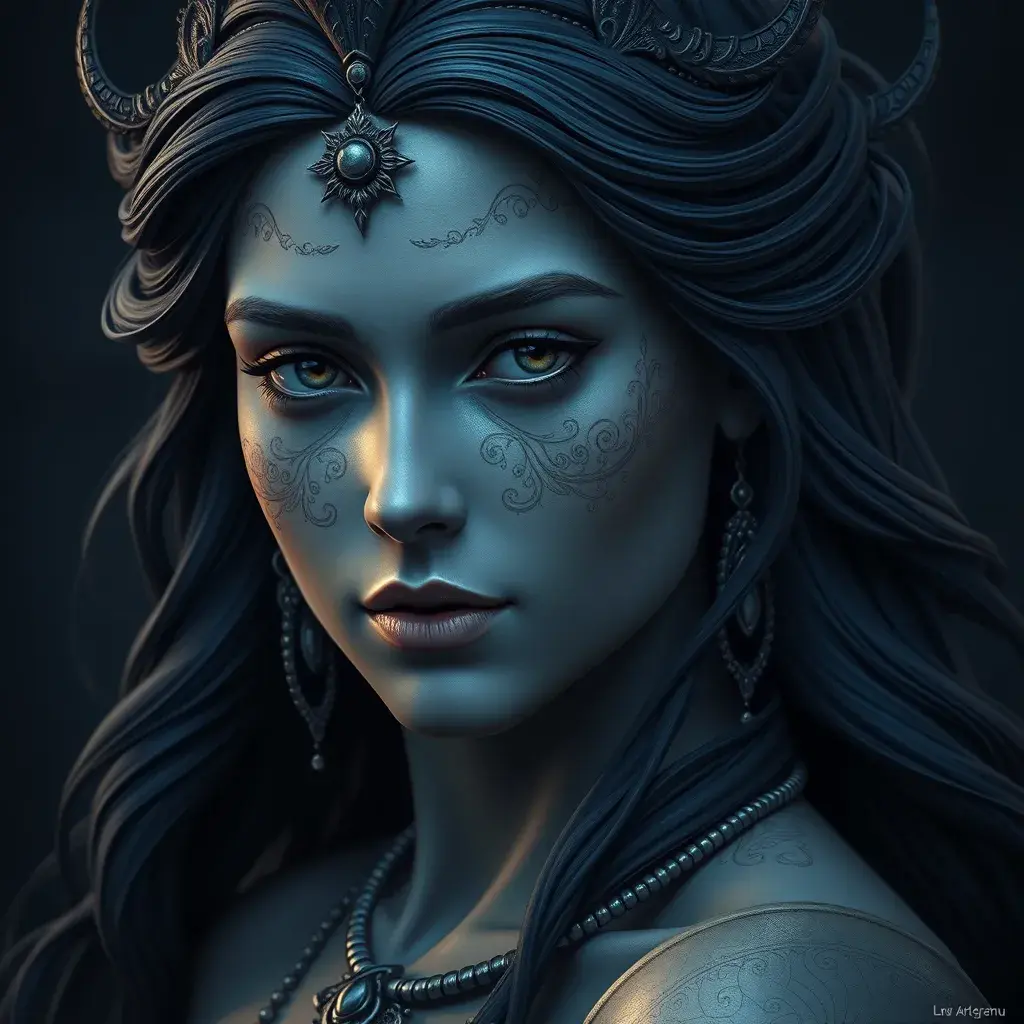 Matte portrait of the beautiful Artemis in dark blue, Highly Detailed, Intricate, Realistic, Sharp Focus, Volumetric Lighting, Fantasy, Elegant by Stanley Artgerm Lau