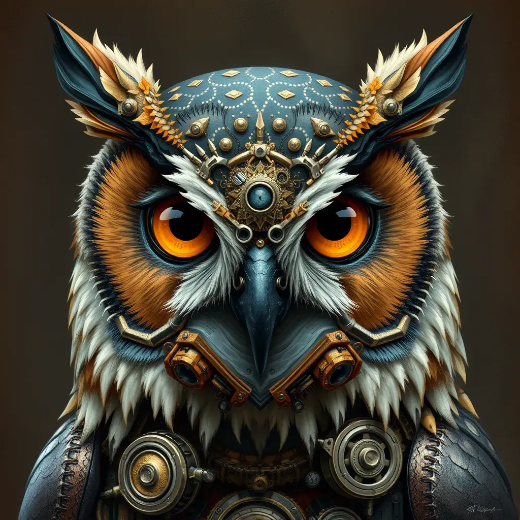 Steampunk portrait of a Owl, inspired by future technology, Highly Detailed, Steampunk by Stanley Artgerm Lau