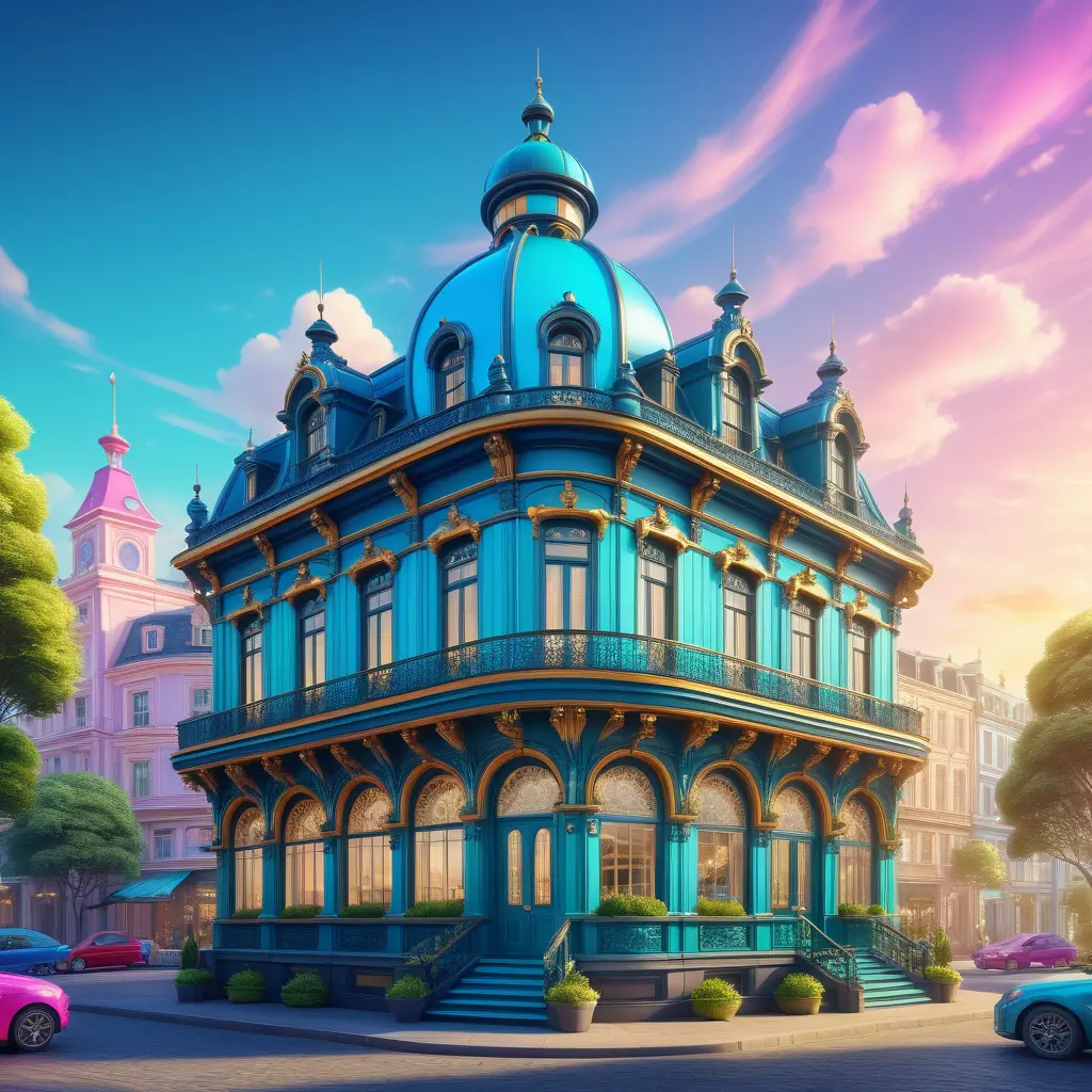 art nuveau exterior fantasy colorful building office space futuristic rococco baroques victorian, Highly Detailed, Masterpiece, Vintage Illustration, Cinematic Lighting, Photo Realistic, Sharp Focus, Smooth, Digital Art, Vector Art, Soft by Stanley Artgerm Lau