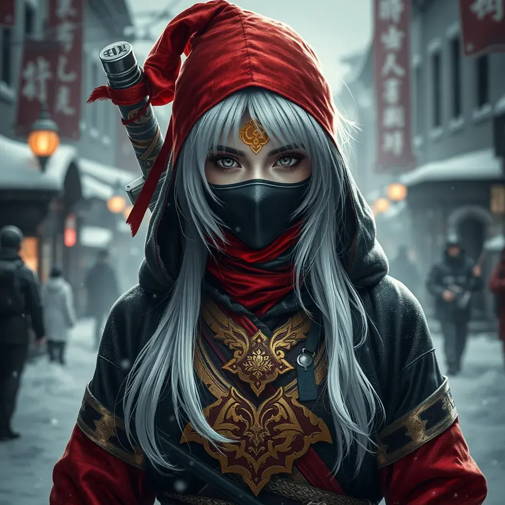 Mysterious beautiful white kunoichi ninja wearing black, red and gold in the streets of a dark snowy town in russia, 8k, Intricate Details, Trending on Artstation, White Hair