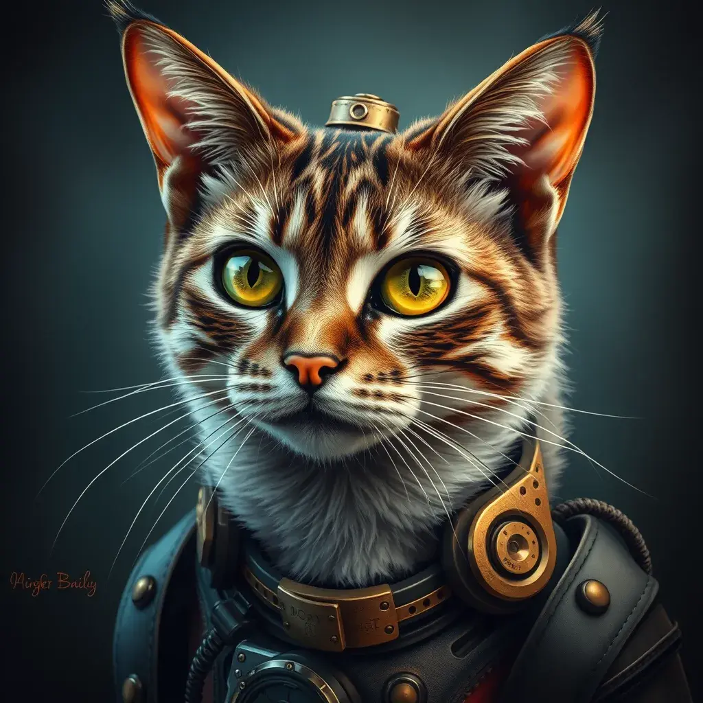 Steampunk portrait of a cat, inspired by future technology, Highly Detailed, Steampunk