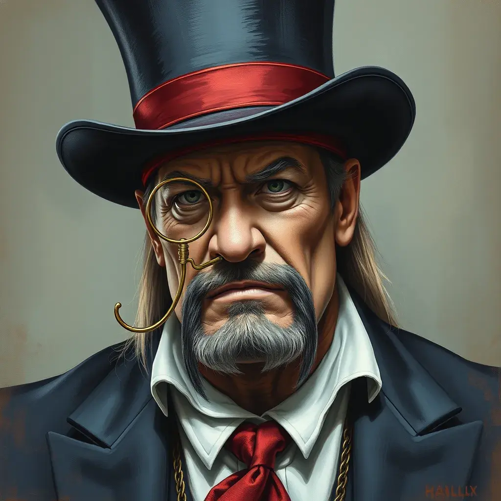 Hulk Hogan wearing a top hat and a monocle, Intricate Artwork, Intricate Details, Half Body, Beautiful, Matte Painting, Sharp Focus, Portrait, Fantasy, Threatening by Stefan Kostic