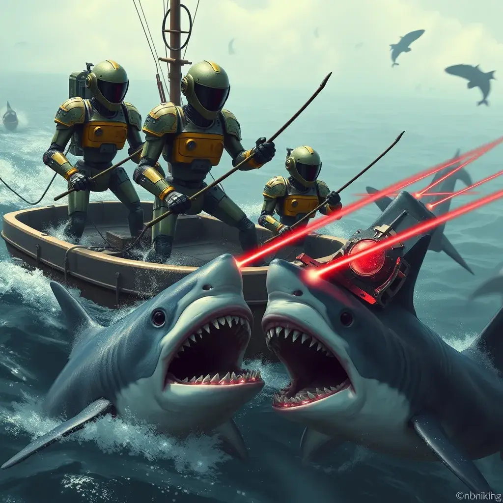 Six robots on a boat with harpoons, battling sharks with lasers strapped to their heads, Steampunk
