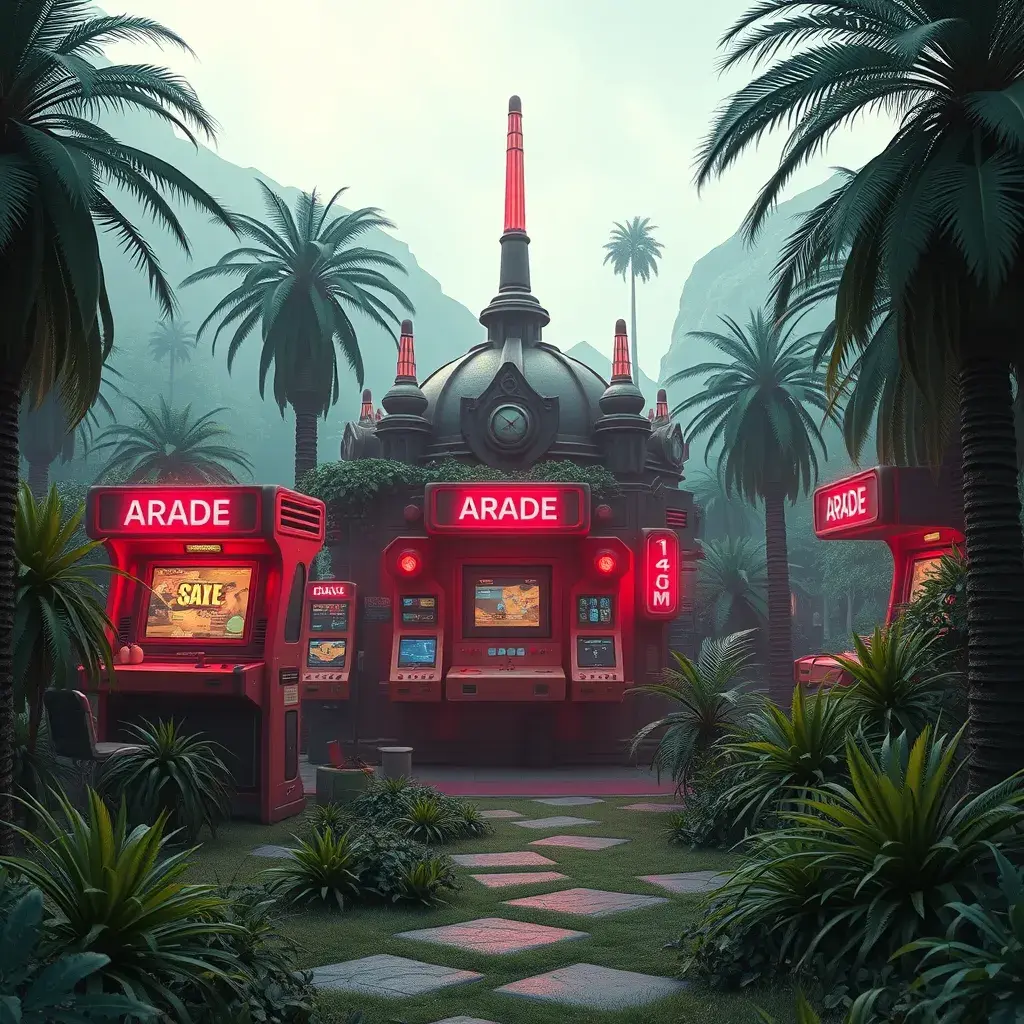 80s futuristic outdoor retro arcade, desolate, lush vegetation, Highly Detailed, Intricate, Artstation, Sharp Focus, Smooth, Octane Render, Centered, Dynamic, Elegant by Beeple, Justin Gerard, James Gilleard, Simon Stalenhag