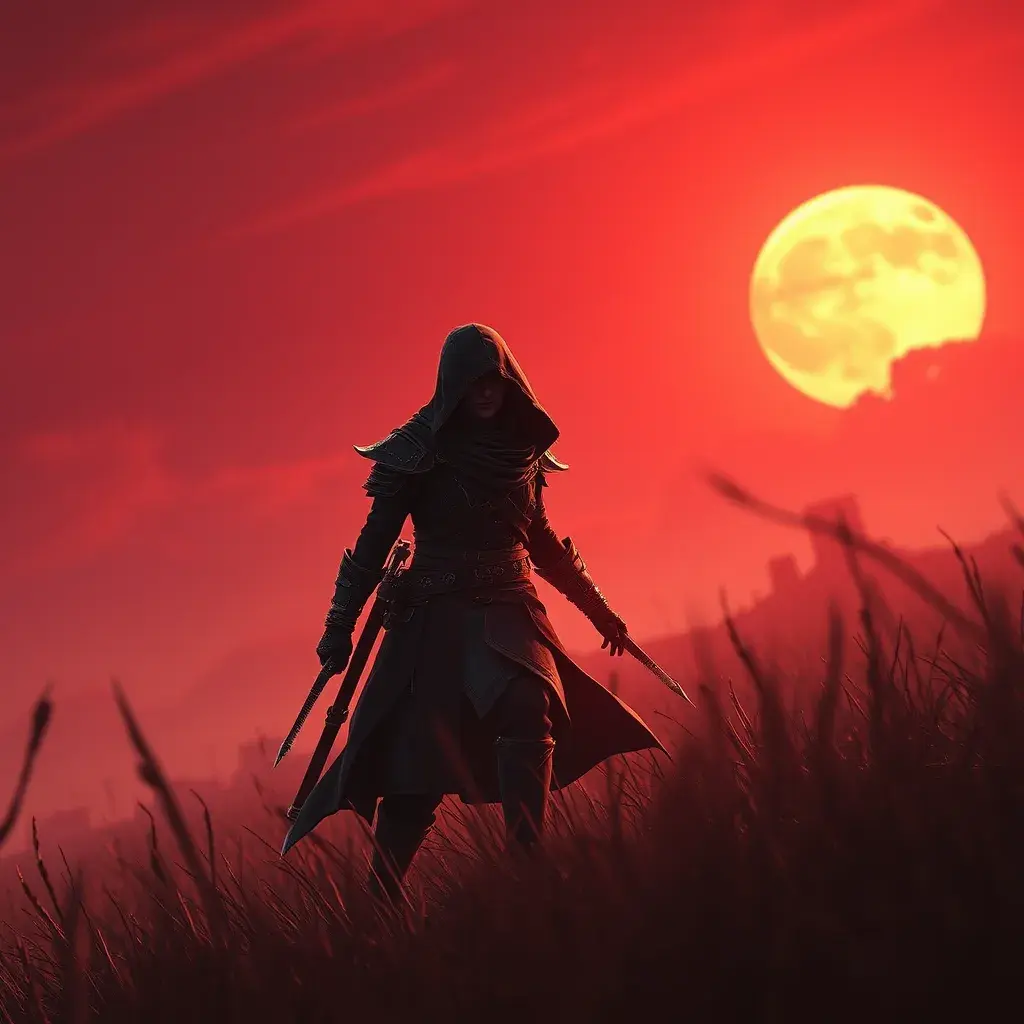 Female assassin creed emerging from a batte field. Sky is colored by a red sun set., Dystopian, Trending on Artstation, Volumetric Lighting by Stefan Kostic