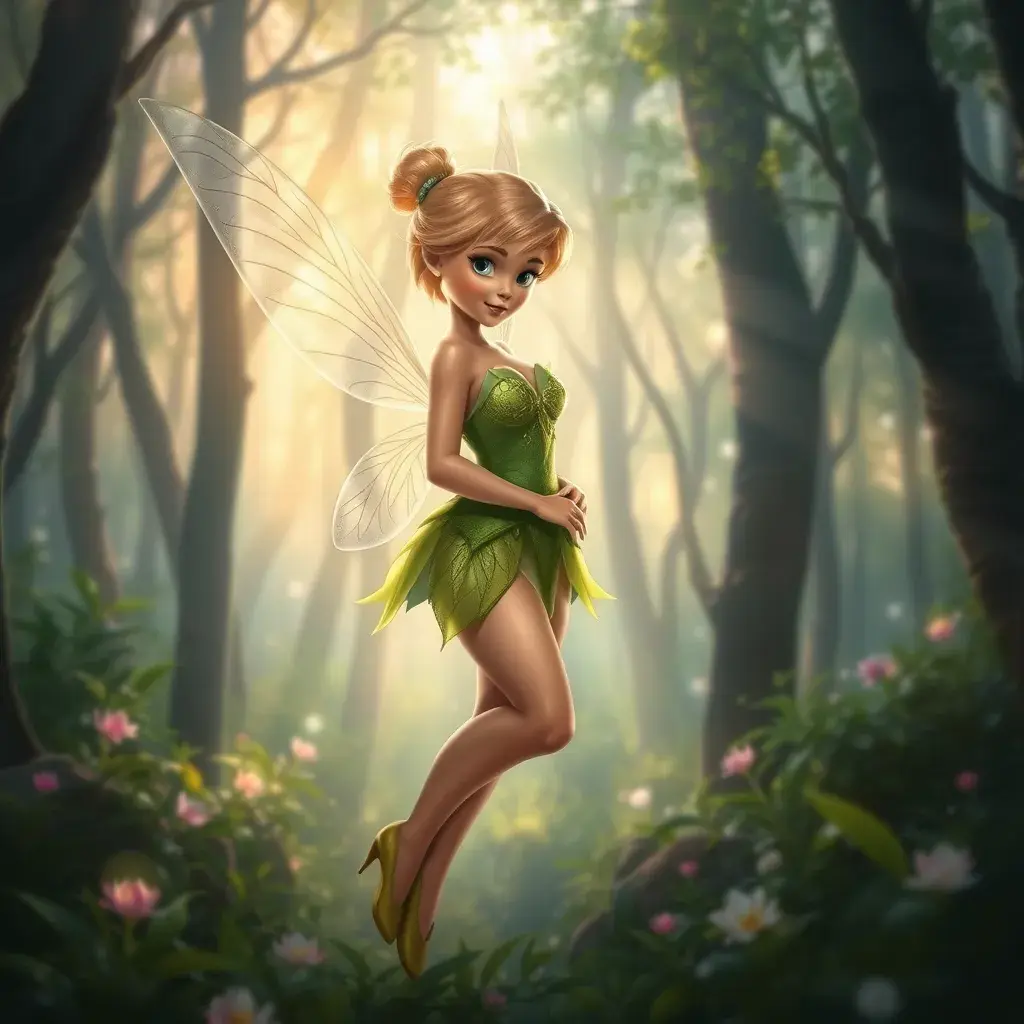 Tinker Bell in a magical forest, Half Body, Beautiful, Matte Painting, Sharp Focus, Fantasy