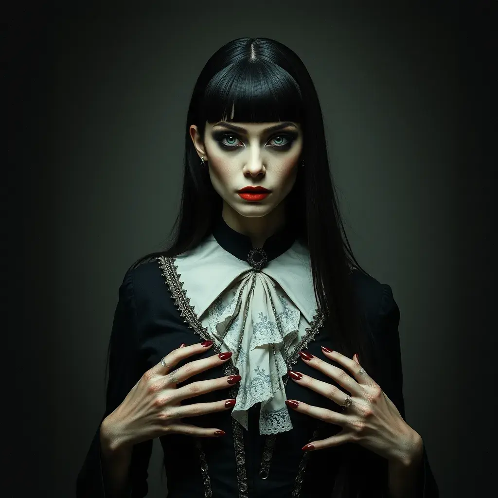 American Gothic Morticia Addams, Gothic and Fantasy, Half Body, Portrait, Threatening by Stefan Kostic
