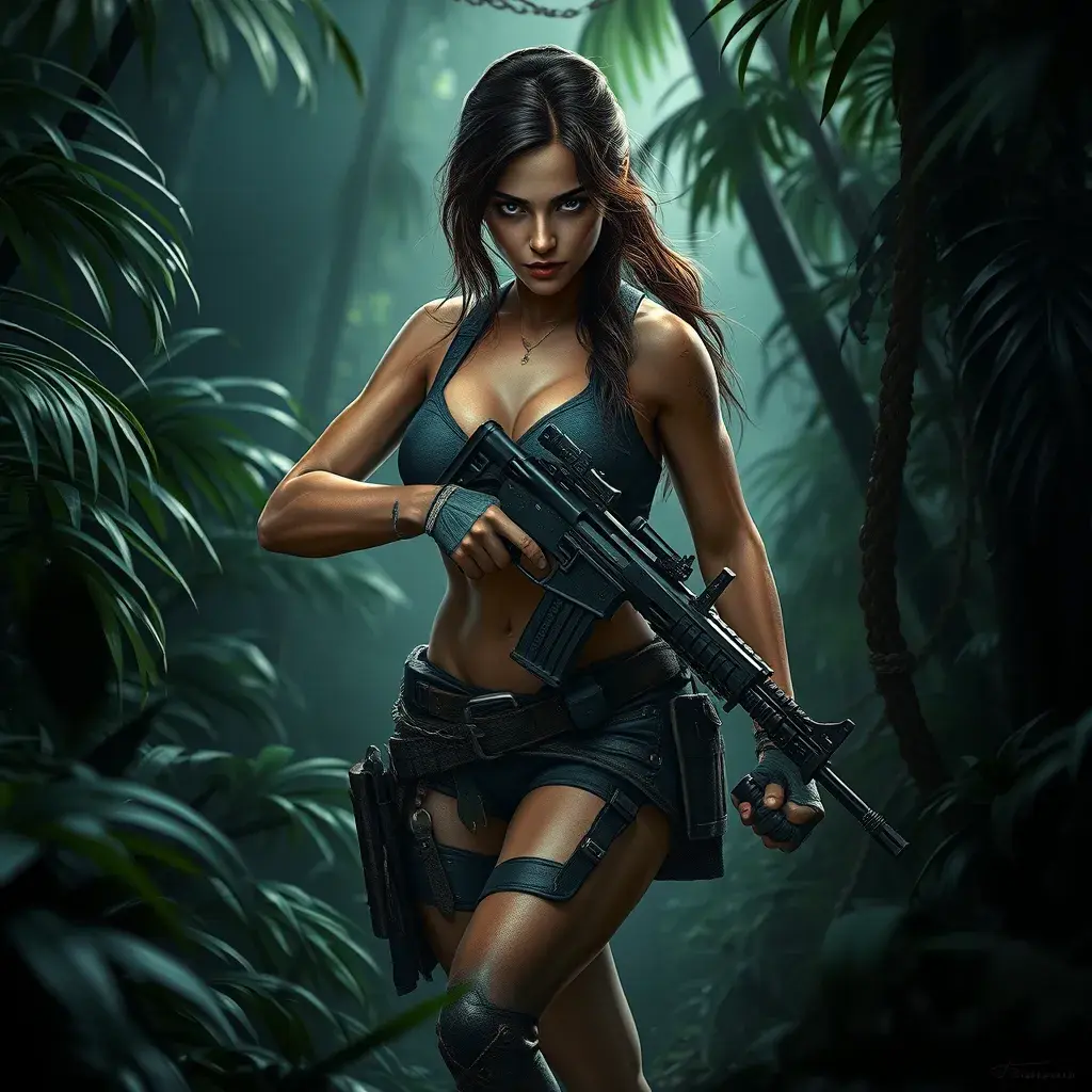 Full body portrait of a beautiful armed Lara Croft emerging from the jungle, Highly Detailed, Intricate, Sharp Focus, Volumetric Lighting, Fantasy, Elegant, Threatening by Greg Rutkowski