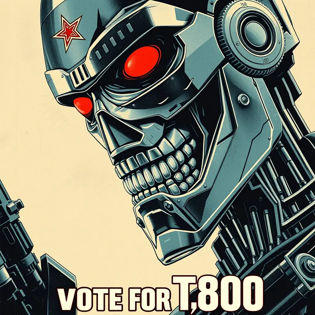 terminator for president, intricate soviet propaganda poster, Cyrillic text, Boris kriukov, vote for T800, sharp focus, text at bottom, Cyrillic, no blur, terminator t800, Dystopian, Highly Detailed, Intricate Details, Post-Apocalyptic, Psychedelic, Retro-Futurism, Soviet Poster, Digital Painting, Poster, Propaganda Poster, Artgerm by Beeple, Alex Grey, Alphonse Mucha