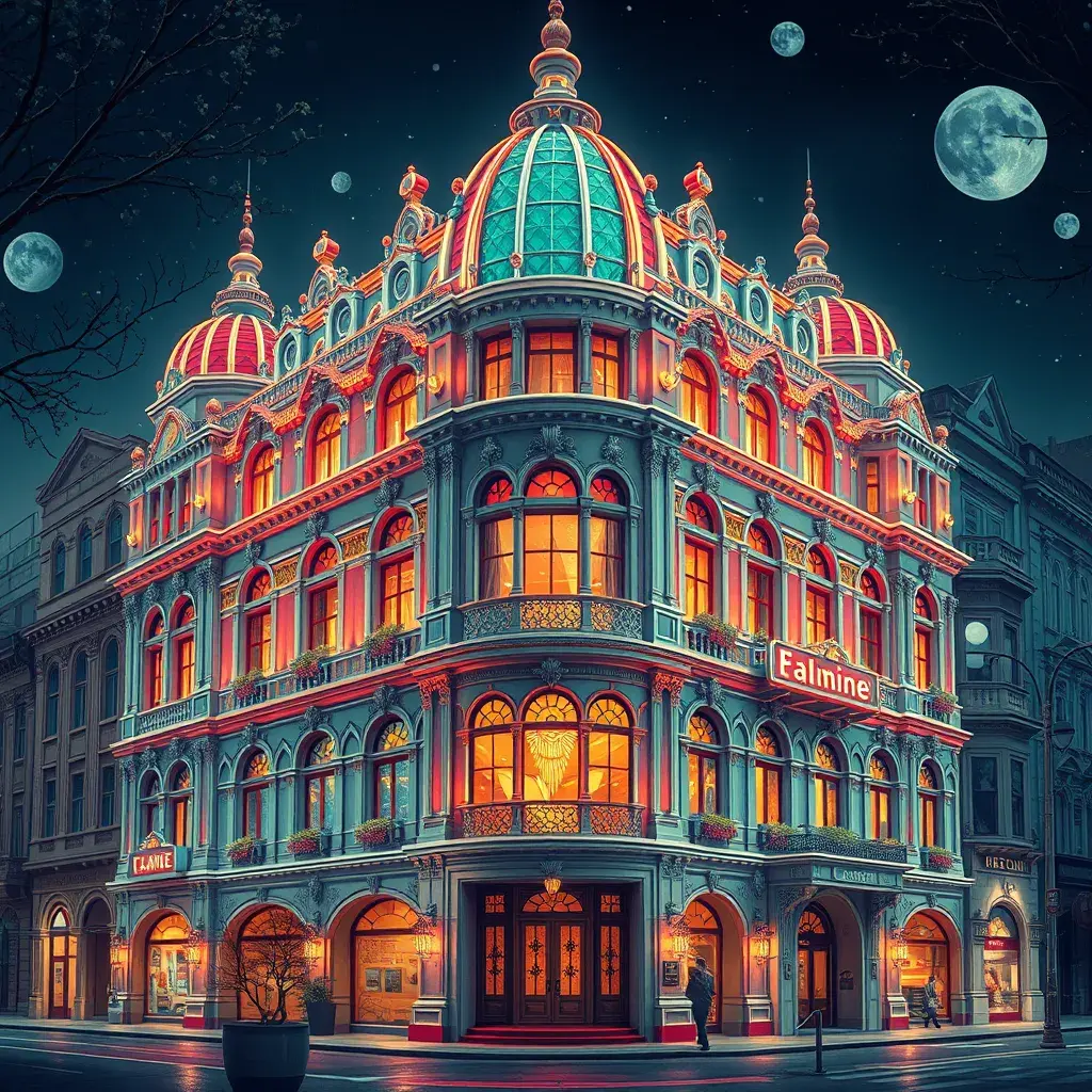 art nuveau exterior fantasy colorful building office space futuristic rococco baroques victorian, Highly Detailed, Masterpiece, Vintage Illustration, Cinematic Lighting, Photo Realistic, Sharp Focus, Smooth, Digital Art, Vector Art, Soft