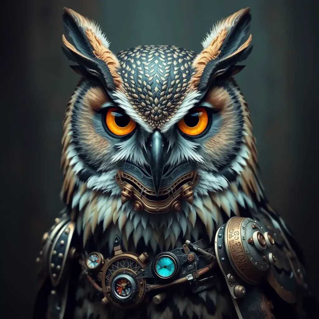 Steampunk portrait of a Owl, inspired by future technology, Highly Detailed, Steampunk