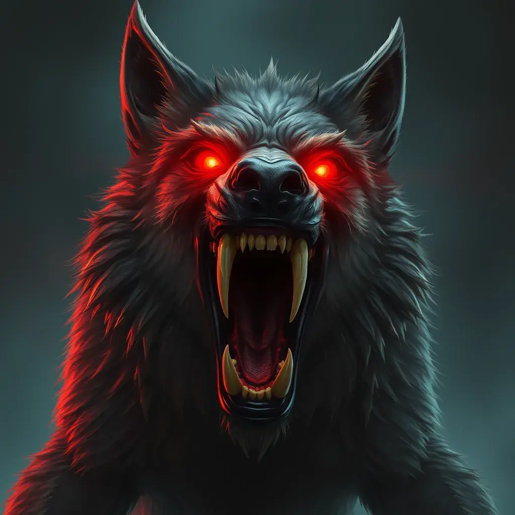 large evil wolf howling, red eyes, big teeth, Eldritch, Fantasy, Apocalyptic, Doom, Dreadful, Forbidding, Frightful, Harrowing, Ominous, Shocking, Terrifying, Threatening, Unnerving