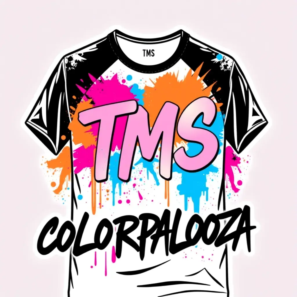 poster graphic for a color run event. On a white t-shirt, with black, pink, blue, orange and purple colors. Text on the shirt should say TMS on top and COLORPALOOZA underneath it. Graffiti feel in a vector style, Poster