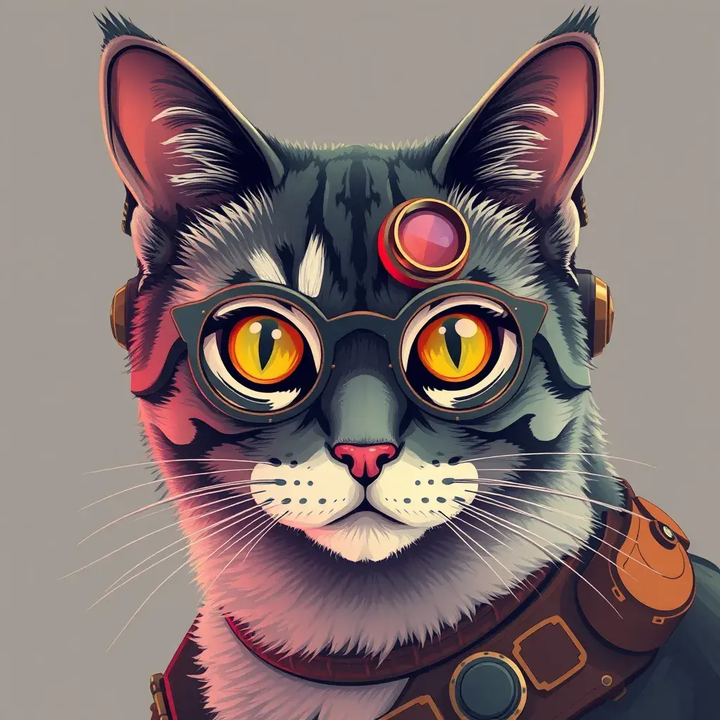 Steampunk portrait of a cat, clean vector, colorful illustration, inspired by future technology, Highly Detailed, Vintage Illustration, Steampunk, Smooth, Vector Art, Colorful by Stanley Artgerm Lau