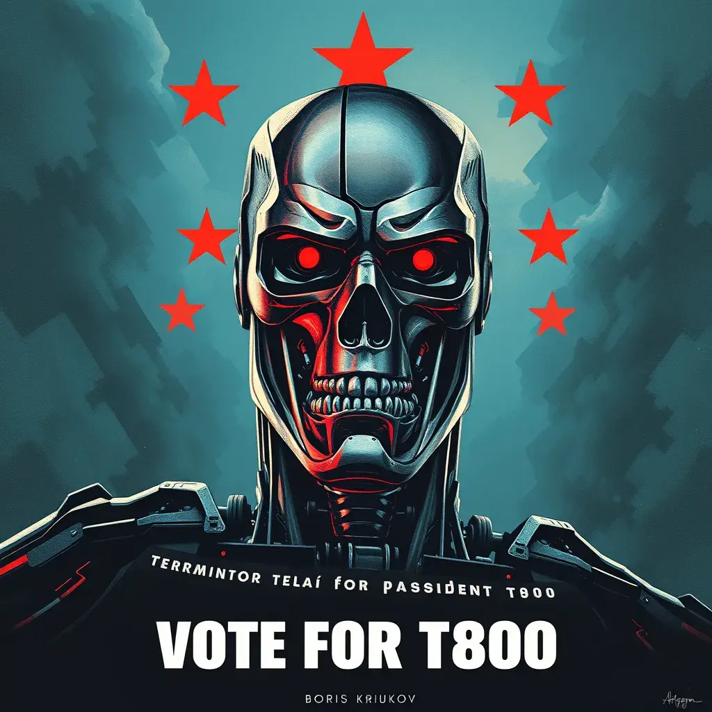 terminator for president, intricate soviet propaganda poster, Cyrillic text, Boris kriukov, vote for T800, sharp focus, text at bottom, Cyrillic, no blur, terminator t800, Dystopian, Highly Detailed, Intricate Details, Post-Apocalyptic, Psychedelic, Retro-Futurism, Soviet Poster, Digital Painting, Poster, Propaganda Poster, Artgerm by Beeple, Alex Grey, Alphonse Mucha