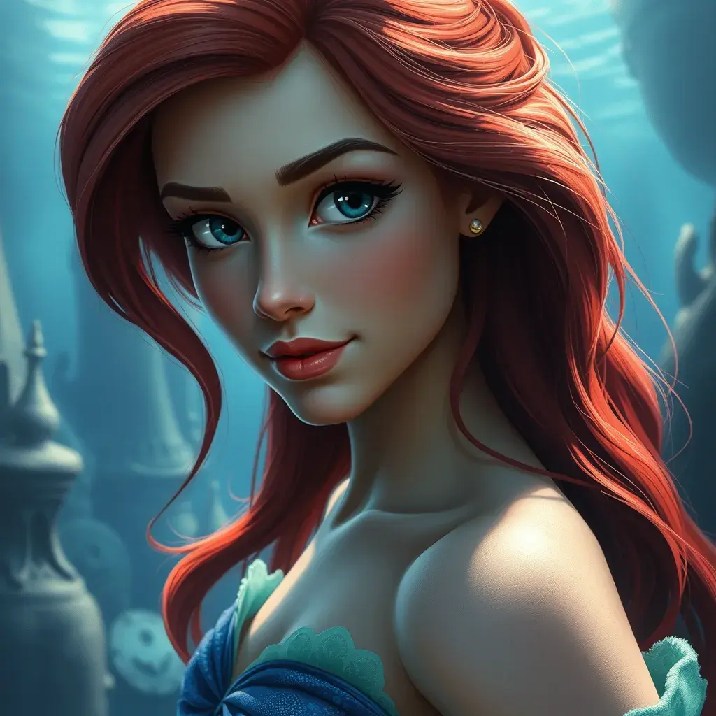 Matte portrait of Disney's Ariel in the under water city of Atlantis, Ultra Detailed, Half Body, Beautiful, Matte Painting, Sharp Focus, Portrait, Fantasy